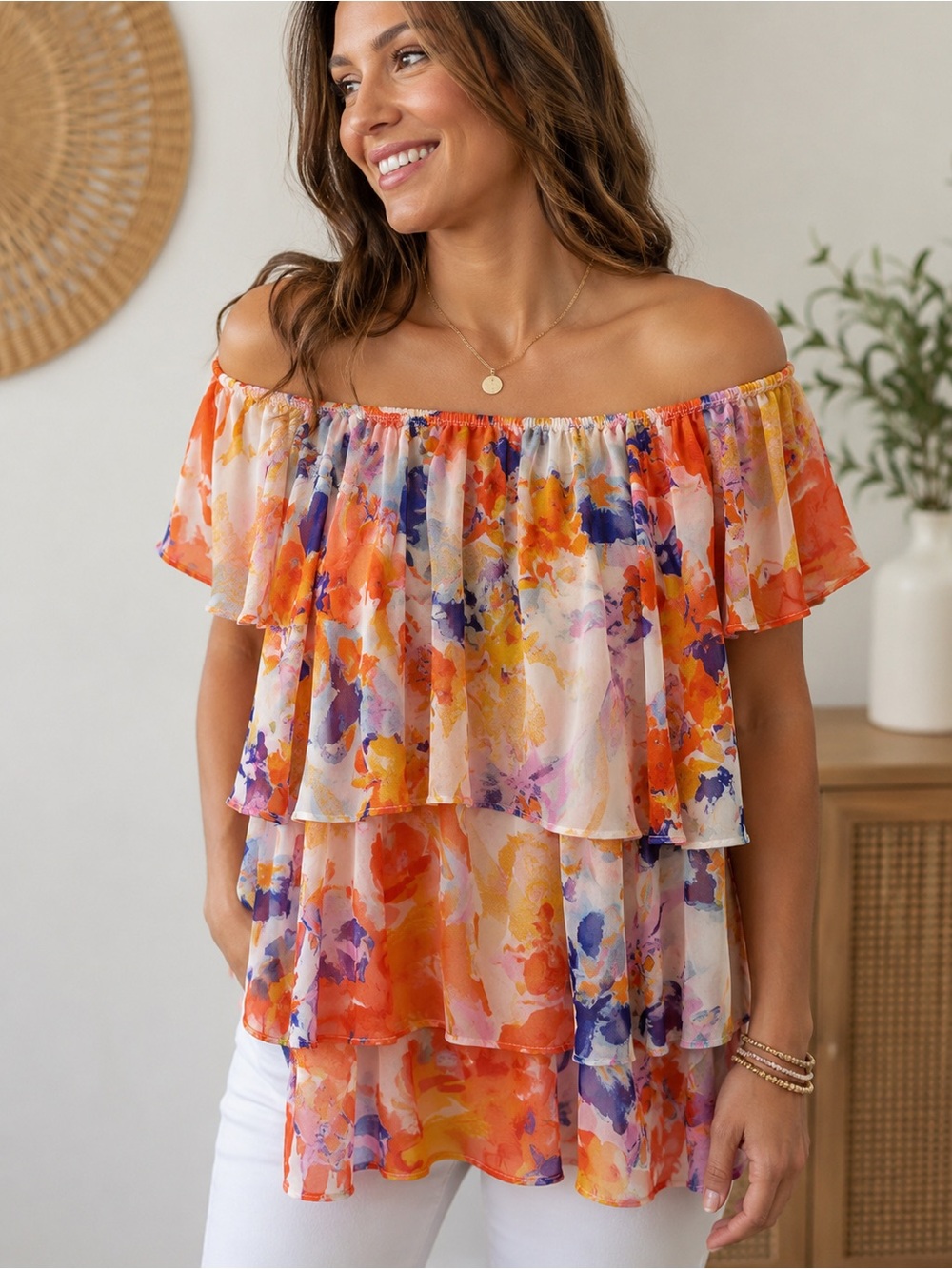 New Directions Floral Off Shoulder Layered Blouse Size L colorful summer top